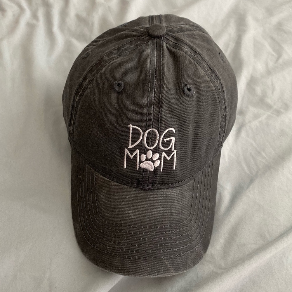 Embroidered DOG MOM distressed gray baseball hat.